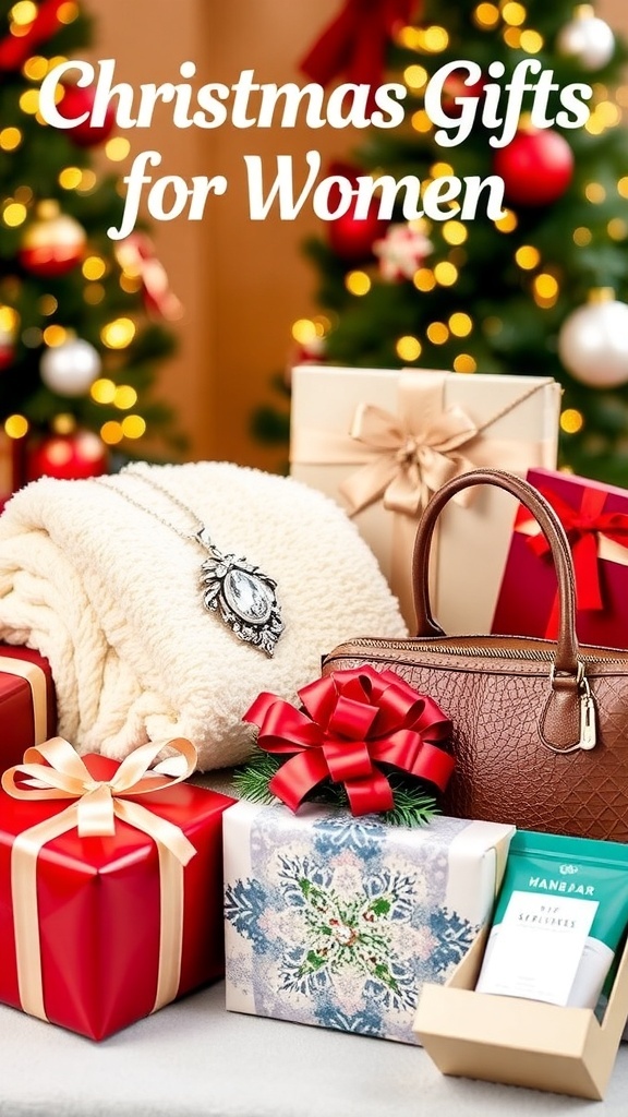 A festive arrangement of Christmas gifts for women including jewelry, a handbag, and a spa set.